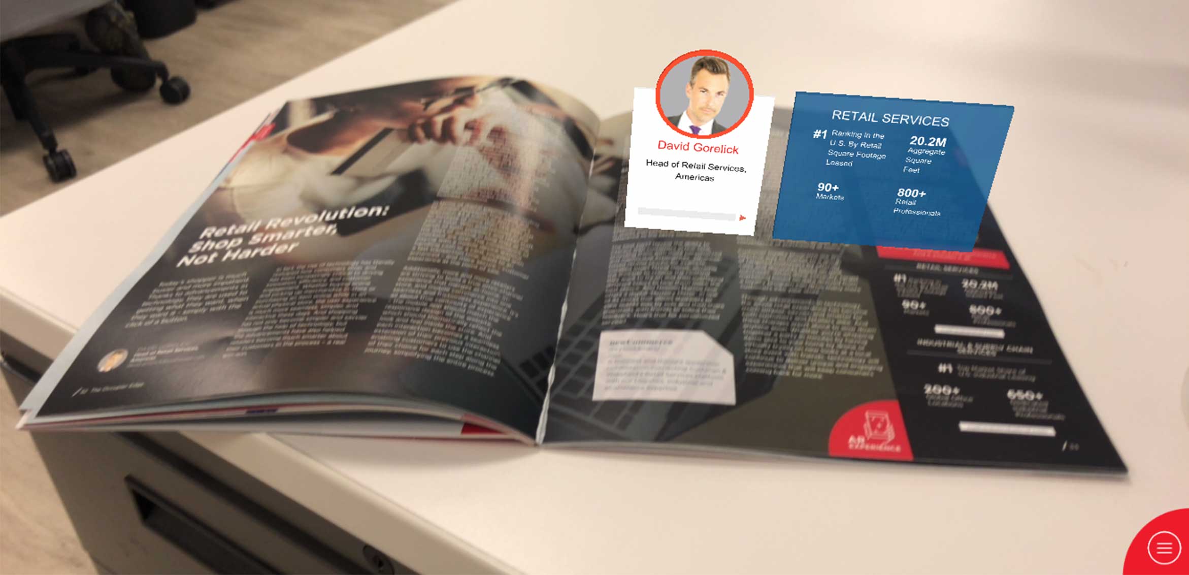 augmented reality content overlay on pages of Cushman & Wakefield's quarterly print publication